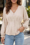 Elegant Solid V Neck Smocked Waist Long Sleeve Blouse
