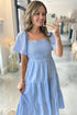 Elegant Square Neck Lace Detail Tiered Midi Dress