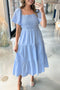 Elegant Square Neck Lace Detail Tiered Midi Dress