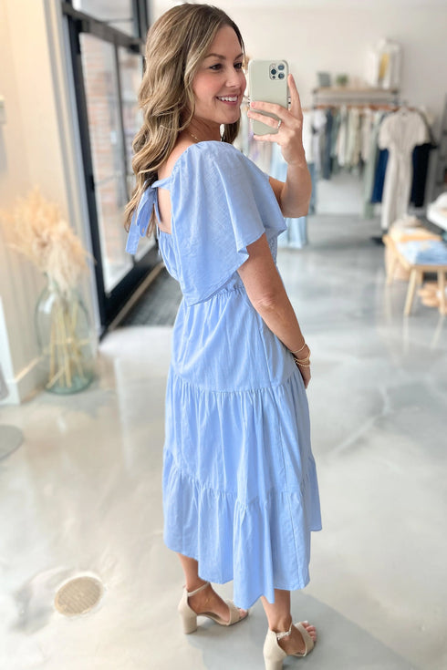 Elegant Square Neck Lace Detail Tiered Midi Dress