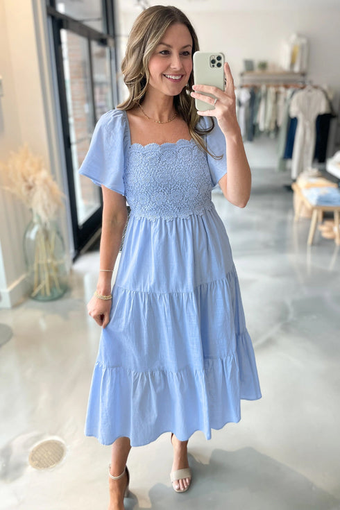 Elegant Square Neck Lace Detail Tiered Midi Dress