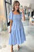 Elegant Square Neck Lace Detail Tiered Midi Dress