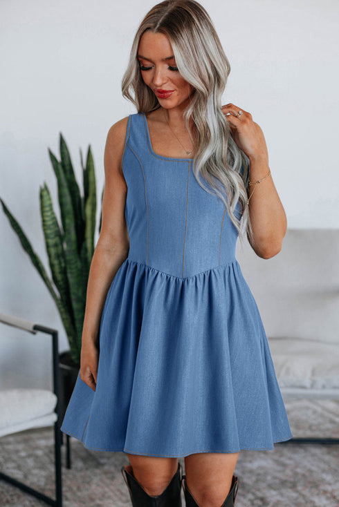 Elegant Square Neck Pleated Cut Out Denim Mini Dress
