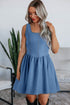 Elegant Square Neck Pleated Cut Out Denim Mini Dress