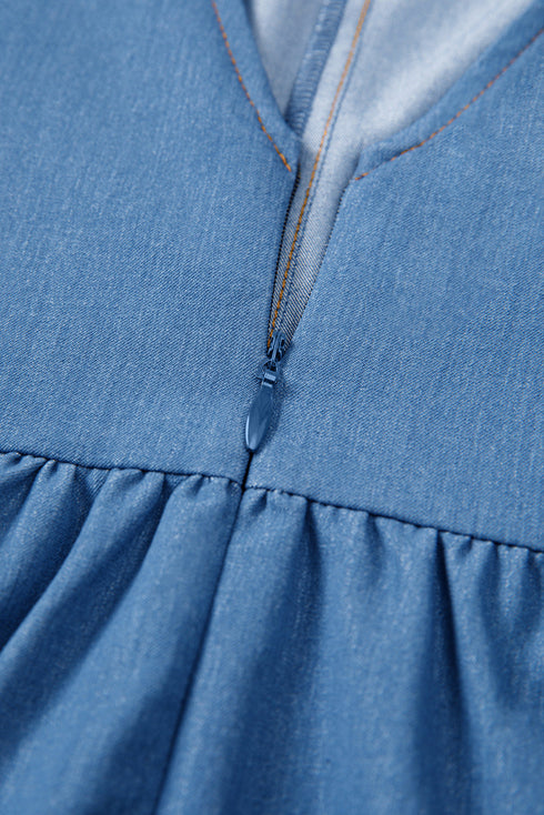 Elegant Square Neck Pleated Cut Out Denim Mini Dress