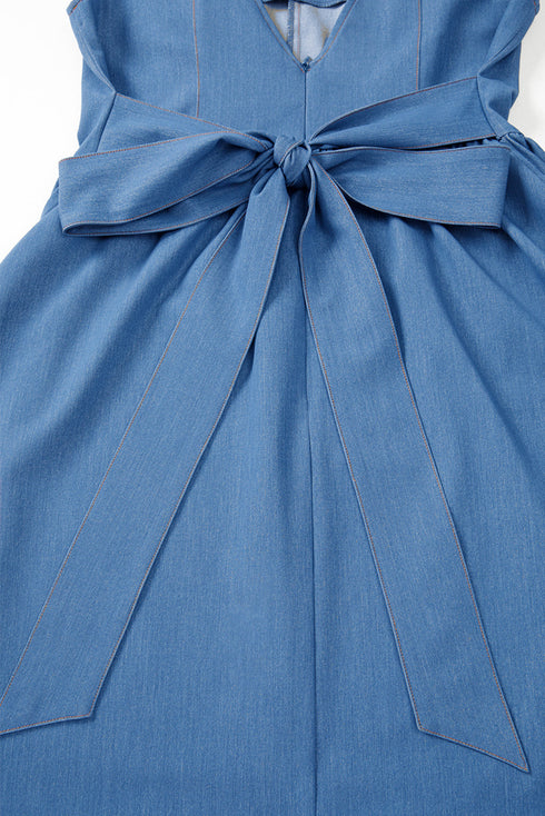 Elegant Square Neck Pleated Cut Out Denim Mini Dress