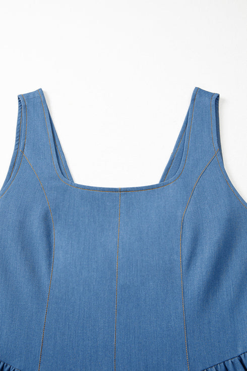 Elegant Square Neck Pleated Cut Out Denim Mini Dress