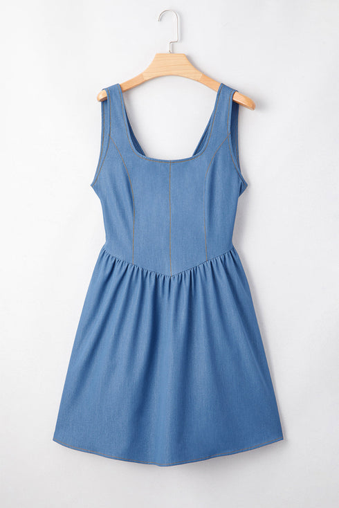 Elegant Square Neck Pleated Cut Out Denim Mini Dress