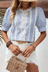 Elegant Stripe Floral Lace Patchwork Puff Sleeve Blouse Top