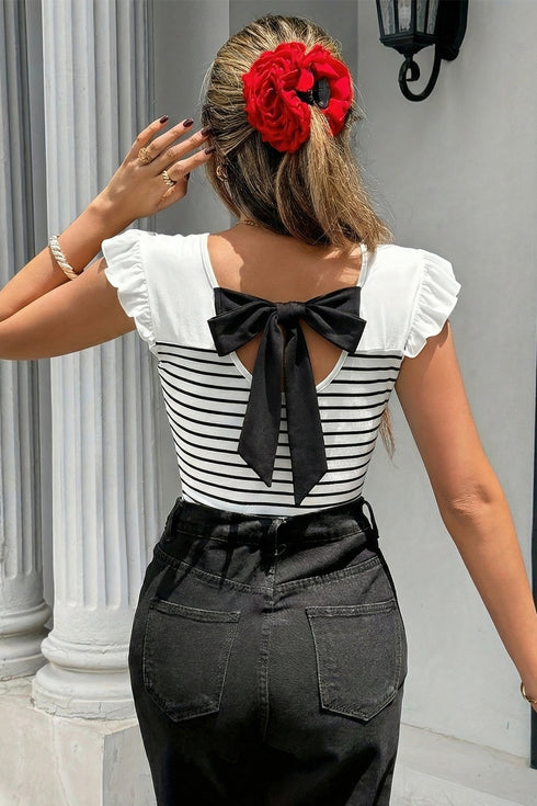 Elegant Stripe Ruffle Trim Knot Back Tank Top