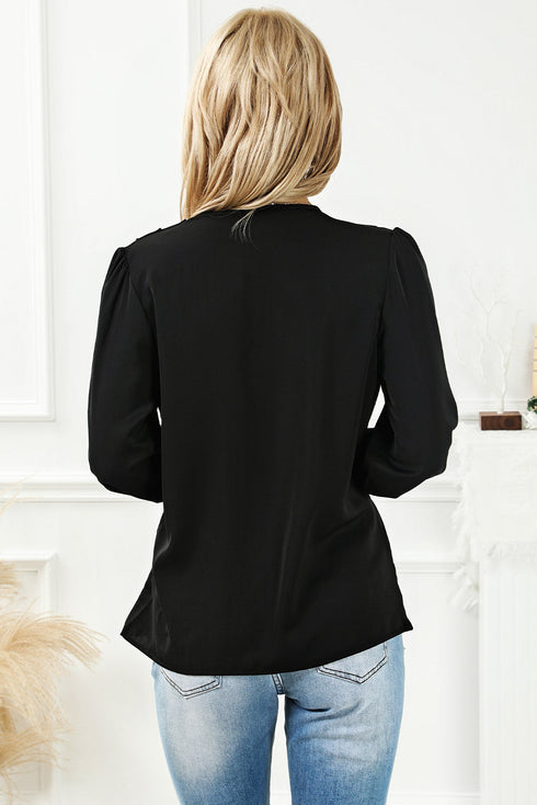 Elegant Surplice Neckline Shirred Cuff Woven Blouse