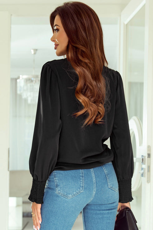 Elegant Surplice Neckline Shirred Cuff Woven Blouse