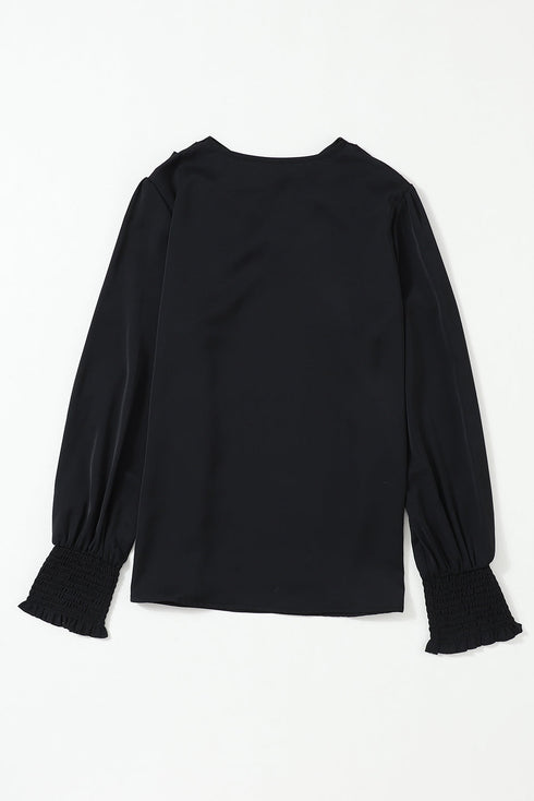 Elegant Surplice Neckline Shirred Cuff Woven Blouse