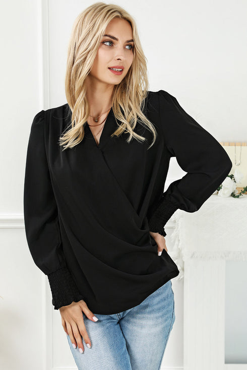 Elegant Surplice Neckline Shirred Cuff Woven Blouse
