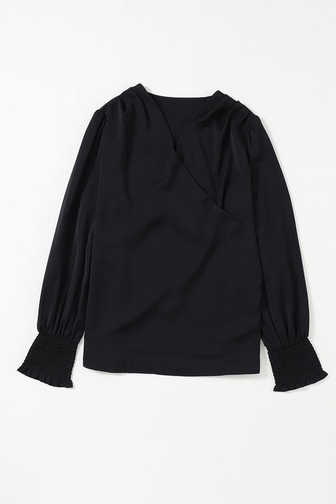 Elegant Surplice Neckline Shirred Cuff Woven Blouse