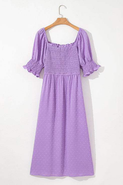 Elegant Swiss Dot Smocked Frilled Short Sleeve Maxi Dress