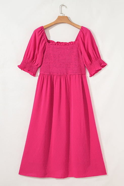 Elegant Swiss Dot Smocked Frilled Short Sleeve Maxi Dress