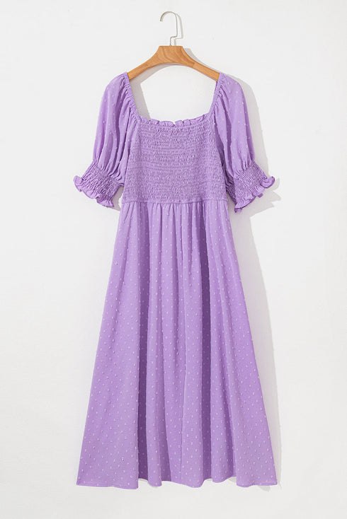 Elegant Swiss Dot Smocked Frilled Short Sleeve Maxi Dress