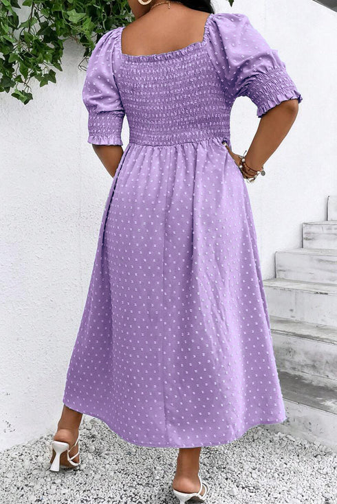 Elegant Swiss Dot Smocked Frilled Short Sleeve Maxi Dress