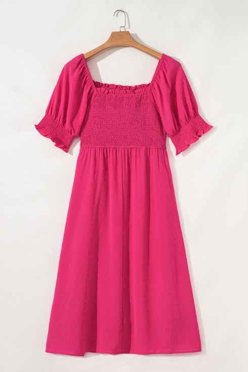 Elegant Swiss Dot Smocked Frilled Short Sleeve Maxi Dress