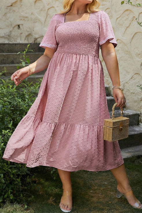 Elegant Swiss Dot Smocked High Waist Flowy Midi Dress