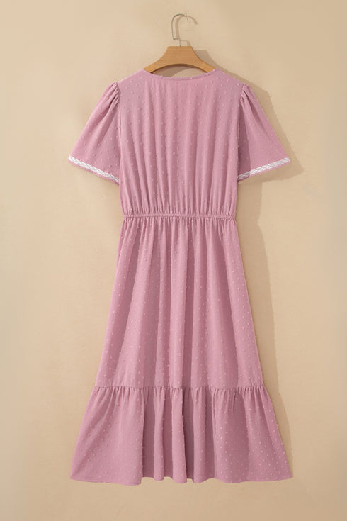 Elegant Swiss Dot Smocked High Waist Flowy Midi Dress