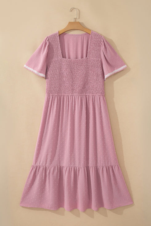 Elegant Swiss Dot Smocked High Waist Flowy Midi Dress