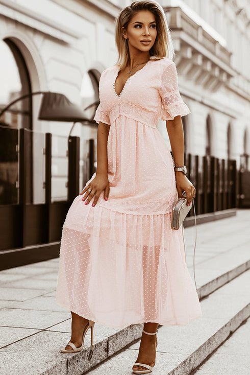 Elegant Swiss Dot Tiered Empire Waist Maxi Dress