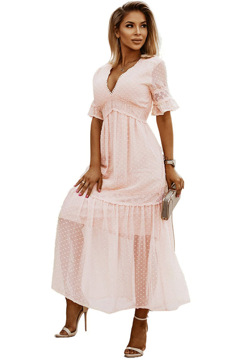Elegant Swiss Dot Tiered Empire Waist Maxi Dress