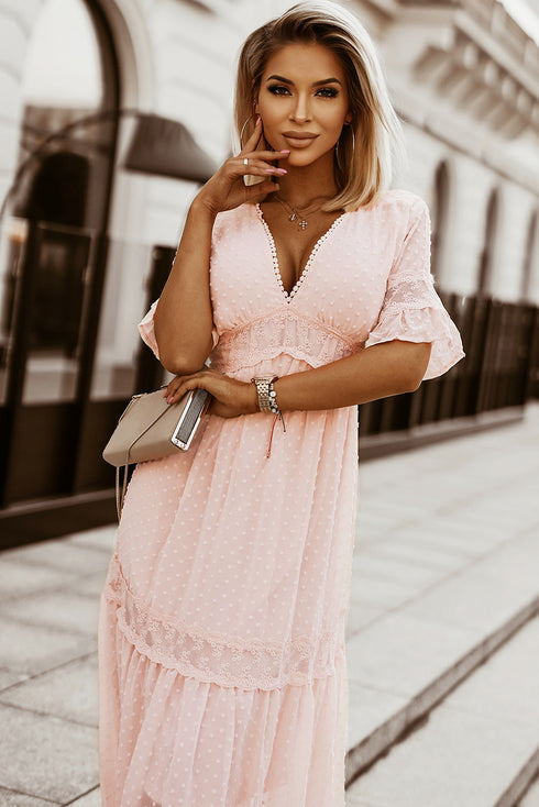 Elegant Swiss Dot Tiered Empire Waist Maxi Dress