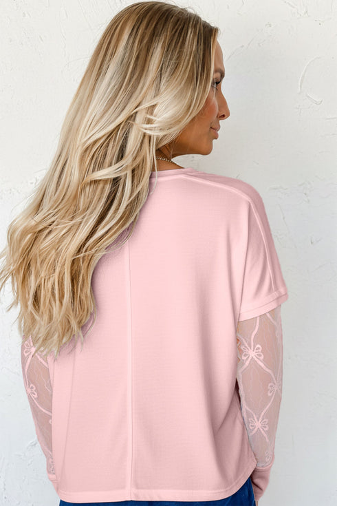 Elegant Textured Patchwork Bow Detail Long Sleeve Top