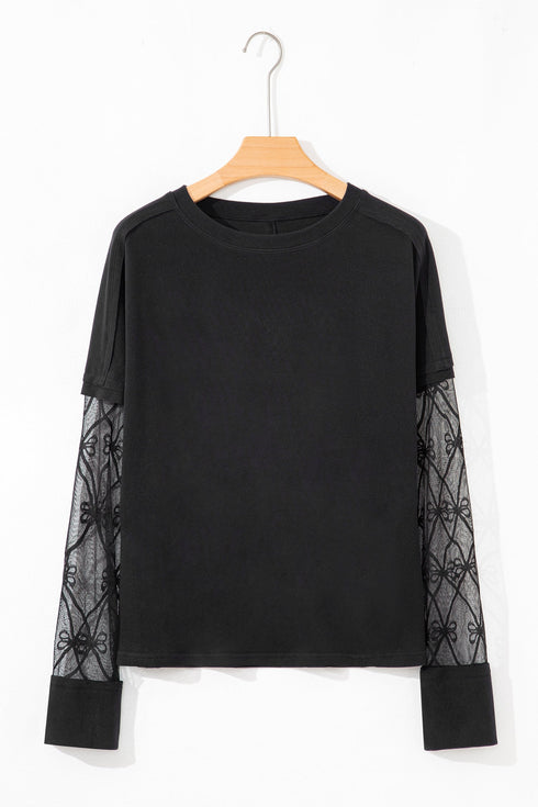 Elegant Textured Patchwork Bow Detail Long Sleeve Top