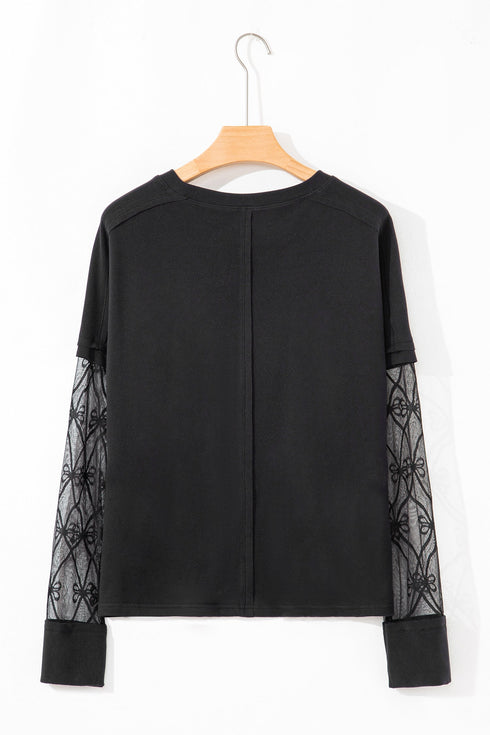 Elegant Textured Patchwork Bow Detail Long Sleeve Top
