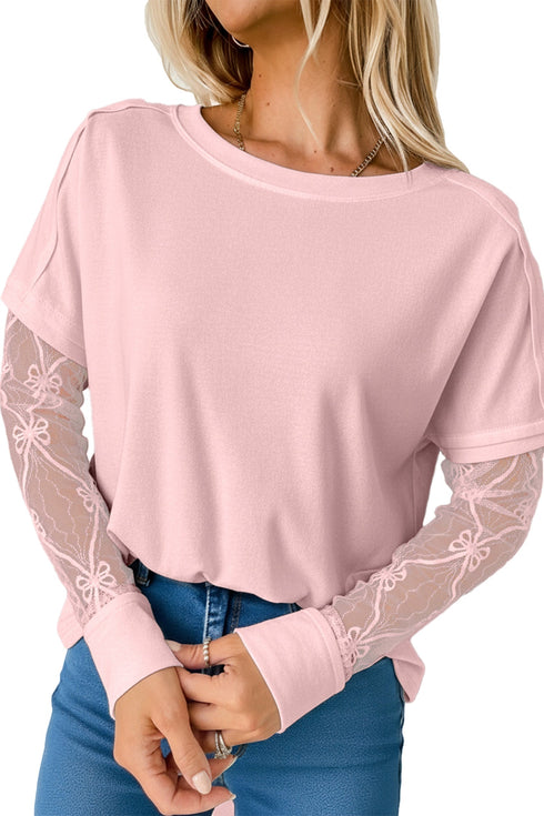 Elegant Textured Patchwork Bow Detail Long Sleeve Top