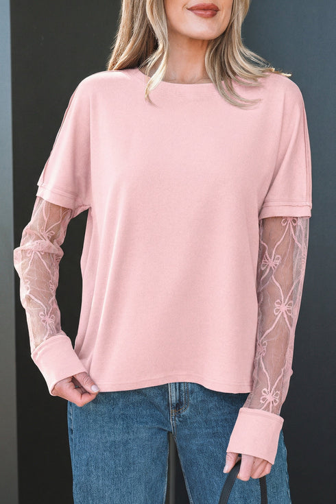 Elegant Textured Patchwork Bow Detail Long Sleeve Top