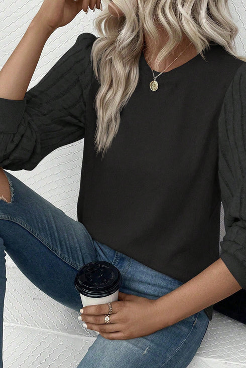 Elegant Textured Ribbed Long Bishop Sleeve Top