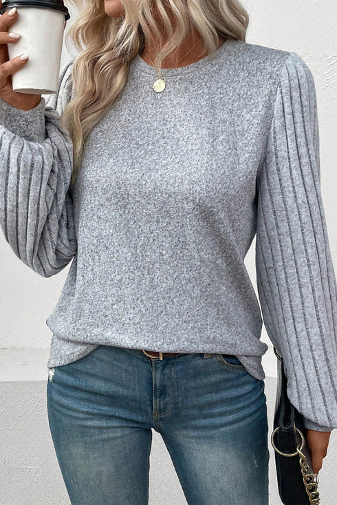 Elegant Textured Ribbed Long Bishop Sleeve Top