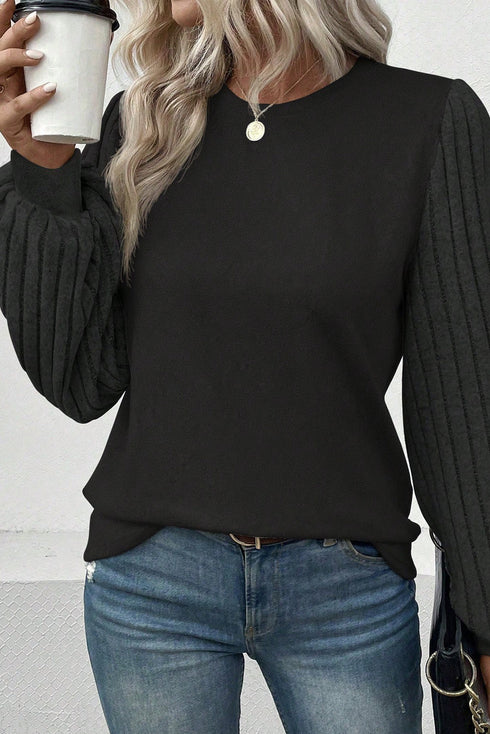 Elegant Textured Ribbed Long Bishop Sleeve Top