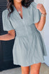 Elegant Textured V Neck Zip Up Shirred Mini Dress