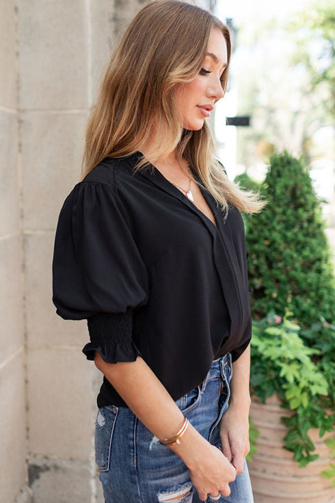 Elegant V Neck Half Sleeve Lightweight Woven Blouse