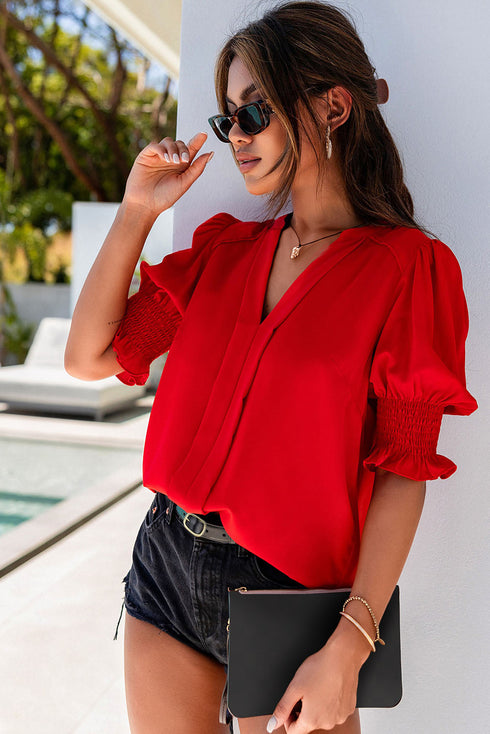 Elegant V Neck Half Sleeve Lightweight Woven Blouse