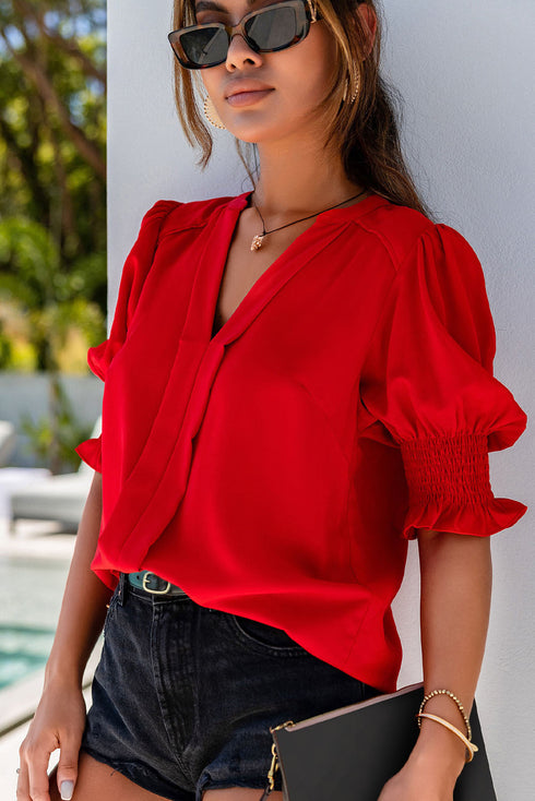 Elegant V Neck Half Sleeve Lightweight Woven Blouse