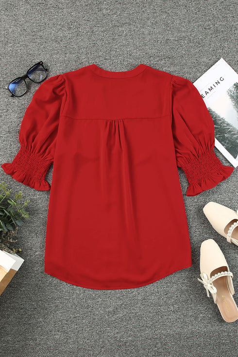 Elegant V Neck Half Sleeve Lightweight Woven Blouse