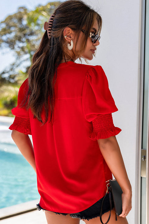Elegant V Neck Half Sleeve Lightweight Woven Blouse