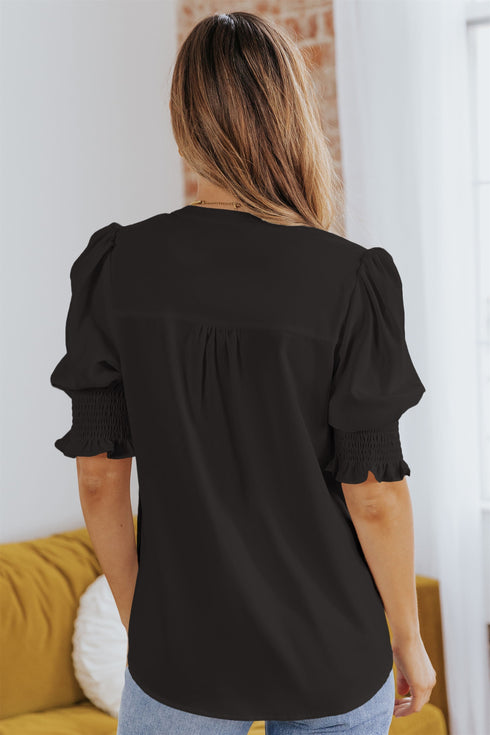 Elegant V Neck Half Sleeve Lightweight Woven Blouse