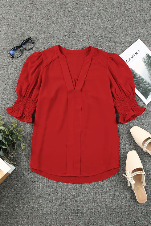 Elegant V Neck Half Sleeve Lightweight Woven Blouse