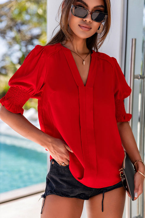 Elegant V Neck Half Sleeve Lightweight Woven Blouse