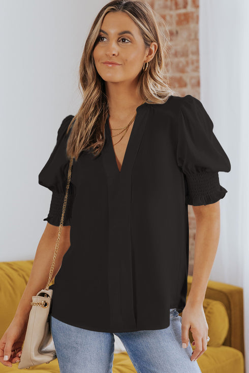 Elegant V Neck Half Sleeve Lightweight Woven Blouse