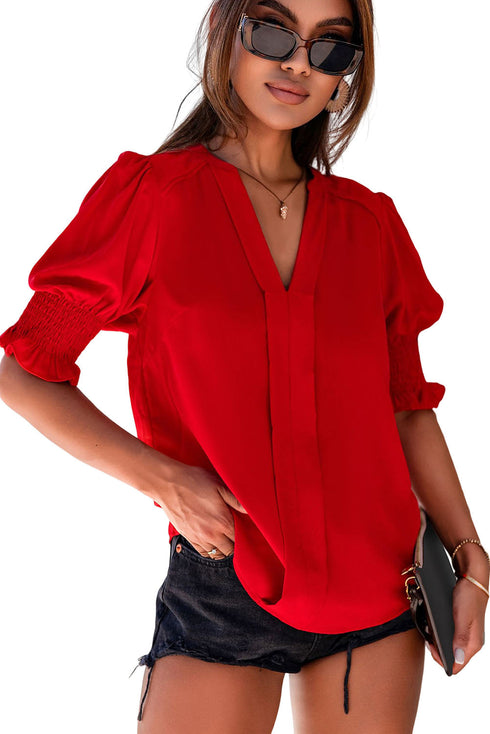 Elegant V Neck Half Sleeve Lightweight Woven Blouse