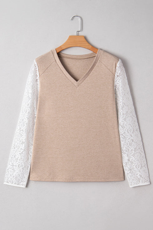Elegant V Neck Lace Patchwork Detail Long Sleeve Top
